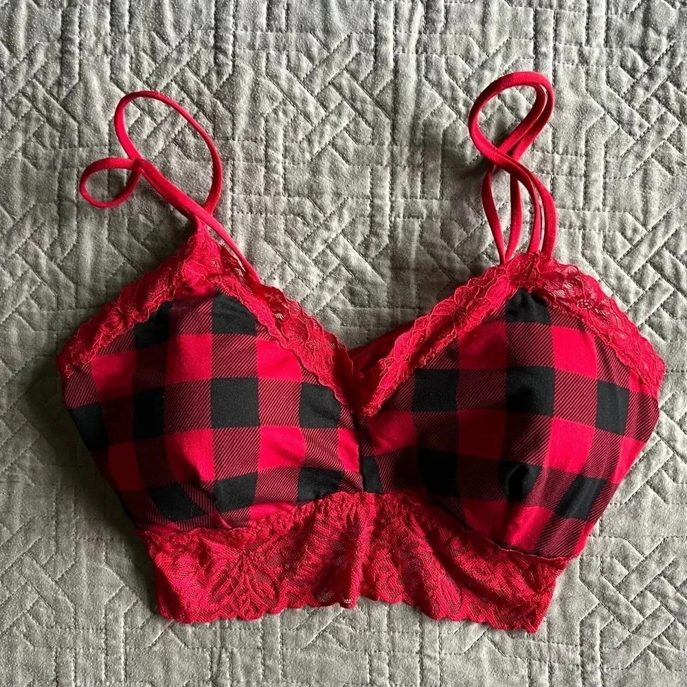 Lucky Brand Red Black Check Lace Bralette‎ Size Large